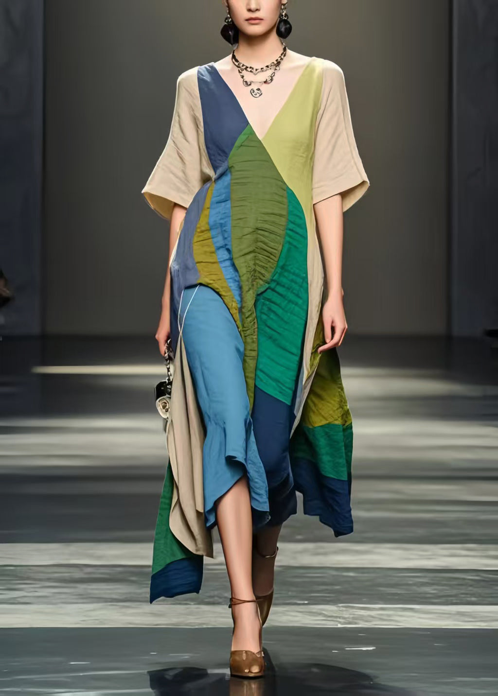 Plus Size Colorblock Asymmetrical Design Wrinkled Cotton Dresses Summer