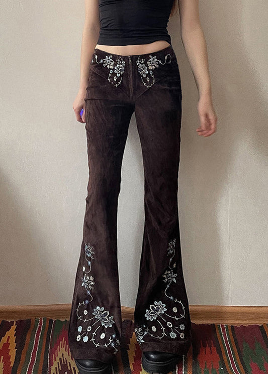 Slim Fit Chocolate Embroidered Floral Denim Flared Trousers
