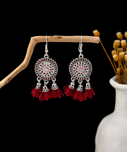 Handmade White Sterling Silver Zircon Chiffon Floral Tassel Drop Earrings