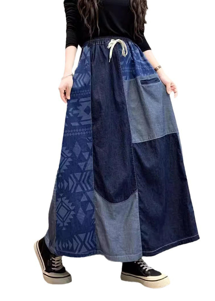 DIY Navy Asymmetrical Patchwork Denim Skirt Summer