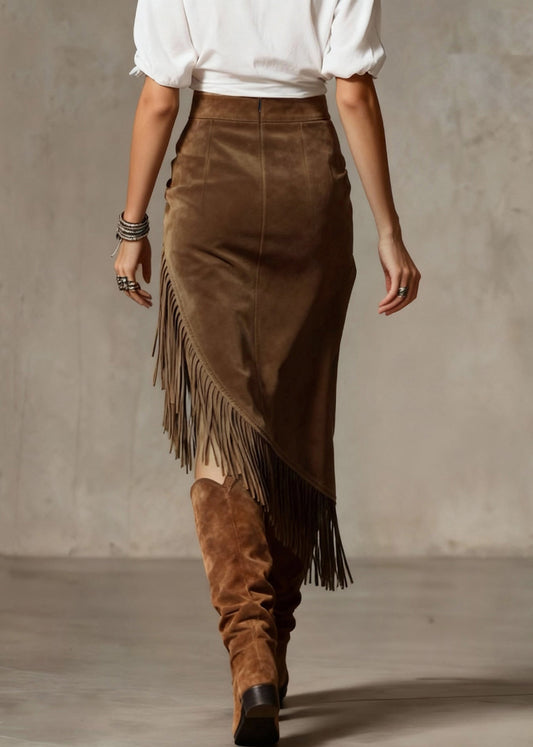 Boho Chocolate Asymmetrical Tasseled High Waist Faux Suede Skirt Spring