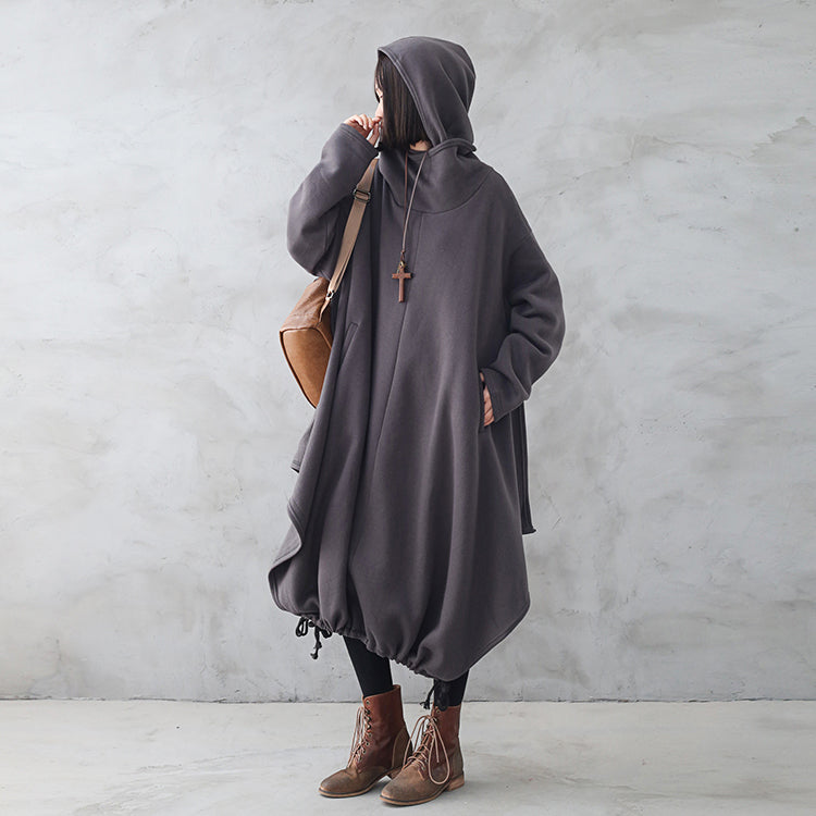 Women Retro Loose Autumn Winter Solid Hooded Dress