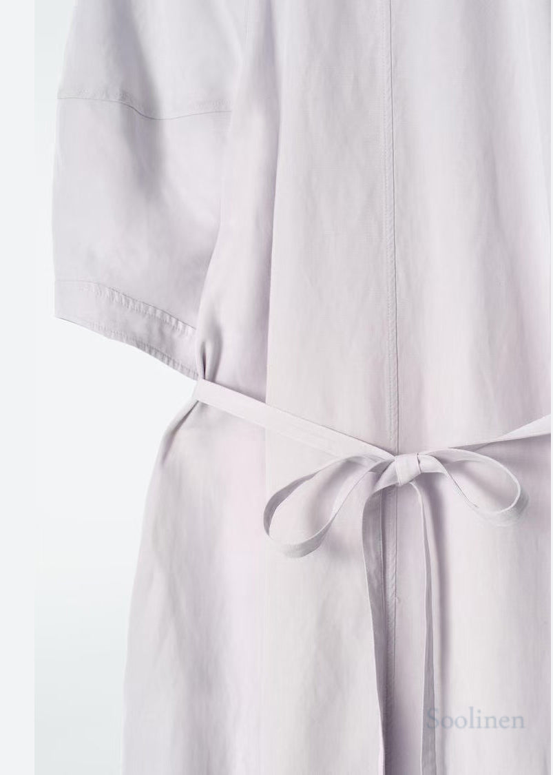 Women White Tie Neck Cotton Tunic Dress Summer