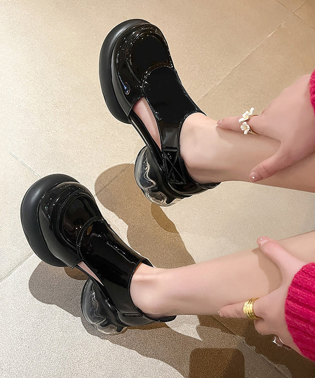 Black Cowhide Leather Platform Loafers Chic Splicing Hollow Out