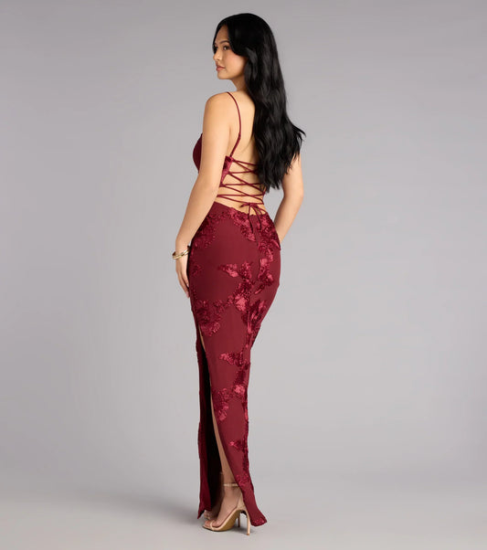 Leona Floral Mesh High Slit Column Dress