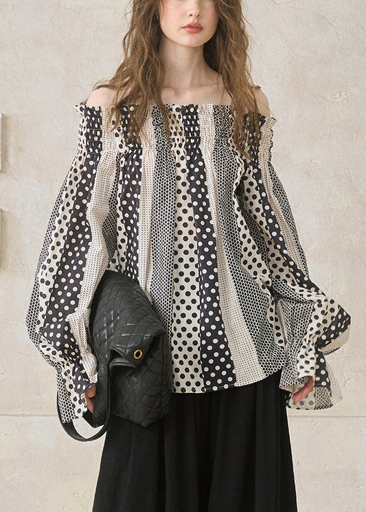 Italian Black Slash Neck Print Cotton Shirts Flare Sleeve