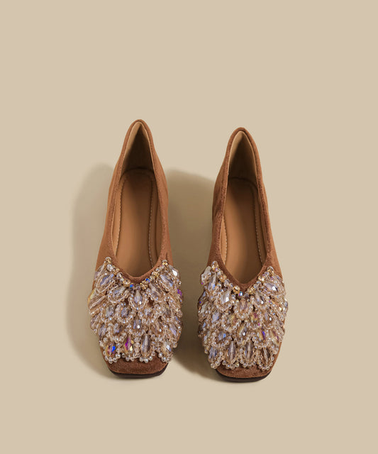 Mulberry Crystal Zircon Suede Splicing Flat Shoes Square Toe