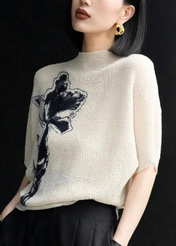 Women Beige Print Wrinkled Cotton T Shirts Batwing Sleeve