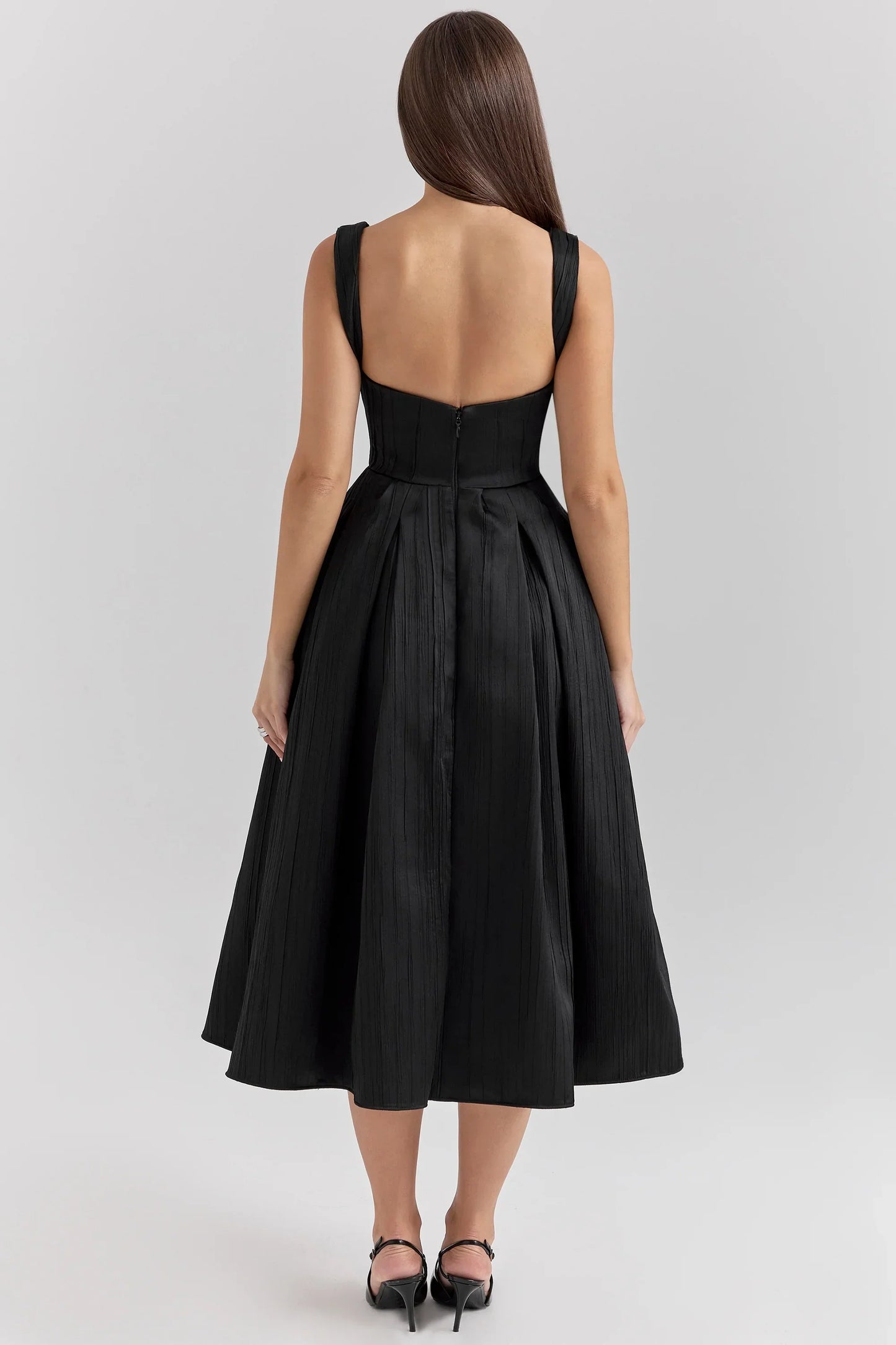Black Textured Satin Corset Midi Dress