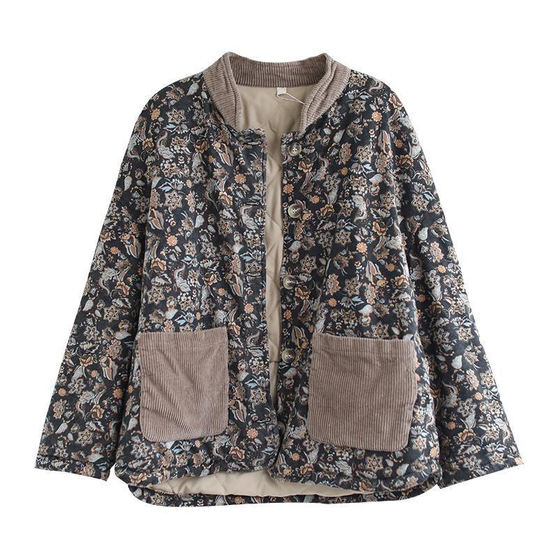 Stand Collar Floral Jacket Coat With Pockets