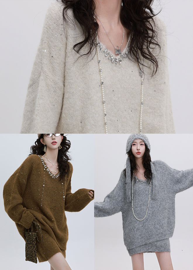 Boutique White Sequins Warm Knit Sweater And Skirt Two Piece Set Winter