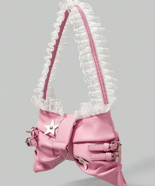 Cute Pink Bow Patchwork Lace Faux Leather Girls Shoulder Bags