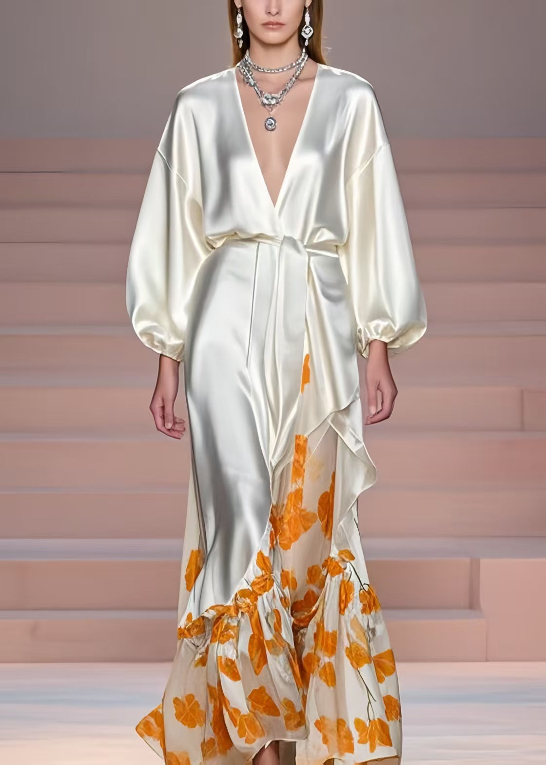 Plus Size Milk White V Neck Print Silk Vacation Dresses Spring