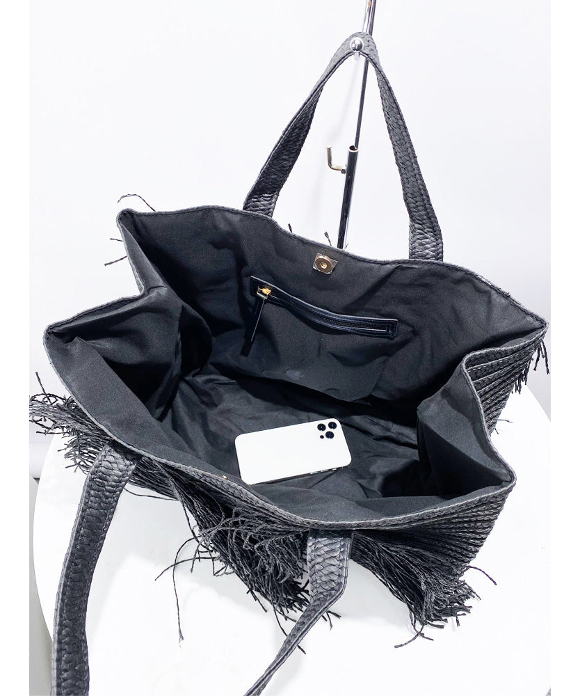 Elegant Black Tasseled Weave Faux Leather Shoulder Bags