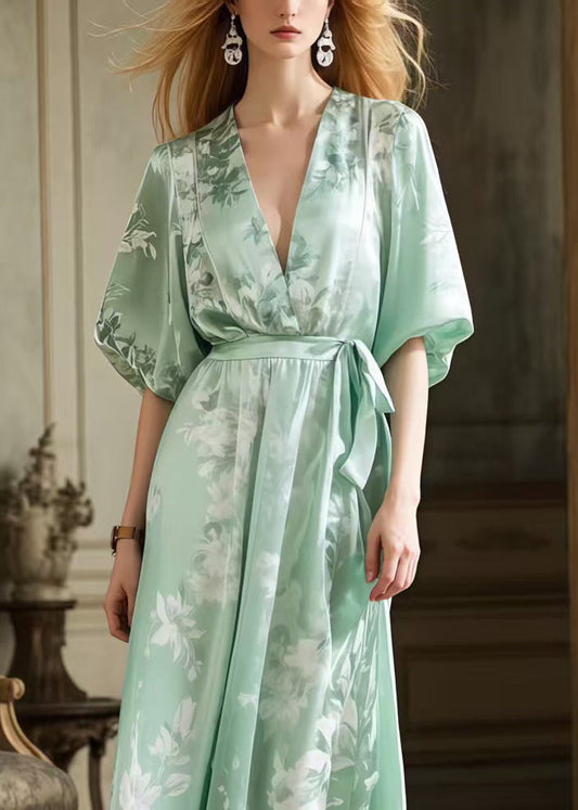 Vintage Light Green Tie Waist Print Silk Long Dress Summer