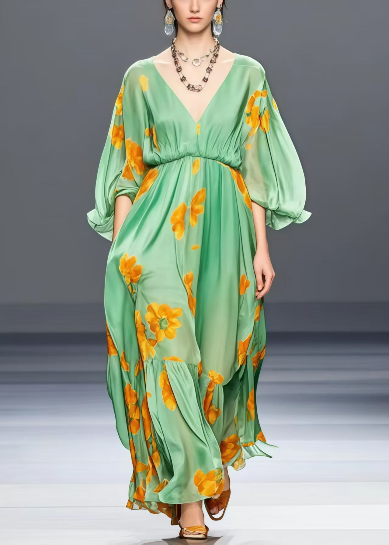 Loose Grass Green V Neck Floral Silk Long Dress Lantern Sleeve