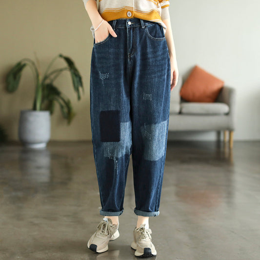 Autumn Women Ripped Patchwork Cotton Jeans
