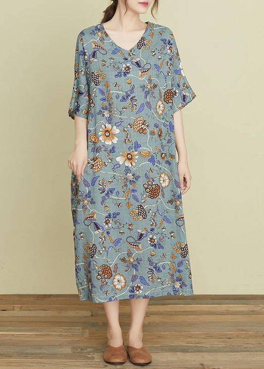 Handmade v neck pockets summer Wardrobes Sewing gray print Robe Dresses