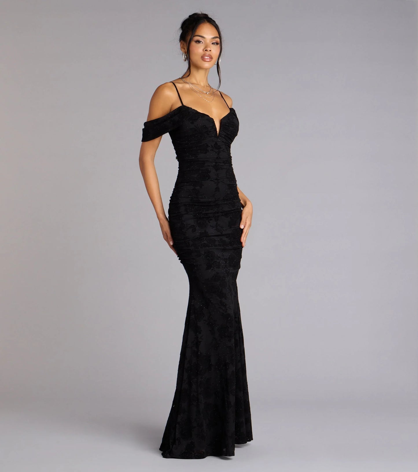 Evelina Mesh Velvet Mermaid Formal Dress