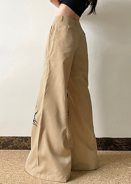 Casual Khaki Print High Waist Cotton Wide Leg Pants Summer