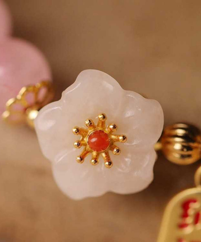 Cute Pink Sterling Silver Alloy Crystal Peach Blossom Charm Bracelet