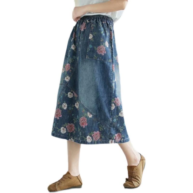 Retro Floral Loose Casual Patchwork Denim Skirt