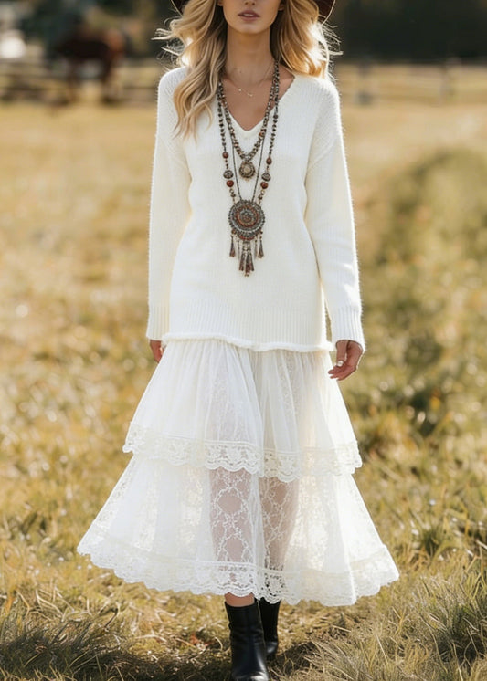 Unique White V Neck Lace Patchwork Knit Dress Spring