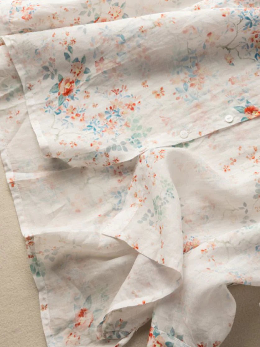 Floral Print Long Sleeve Casual Linen Shirt Top