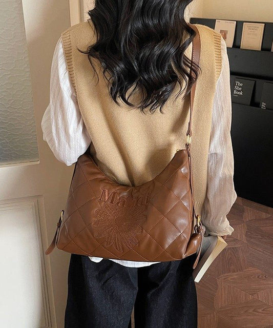 Classy Brown Embroidered Flower Letter Faux Leather Messenger Bag