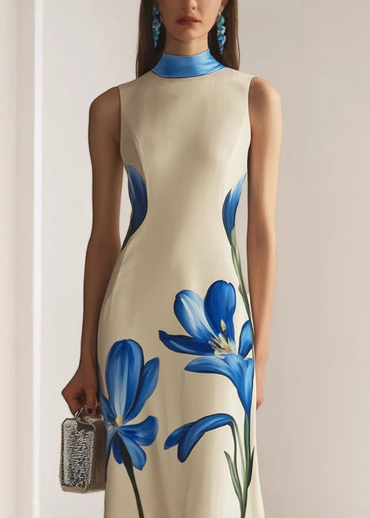 Stylish Apricot Turtleneck Print Slim Maxi Dresses Sleeveless
