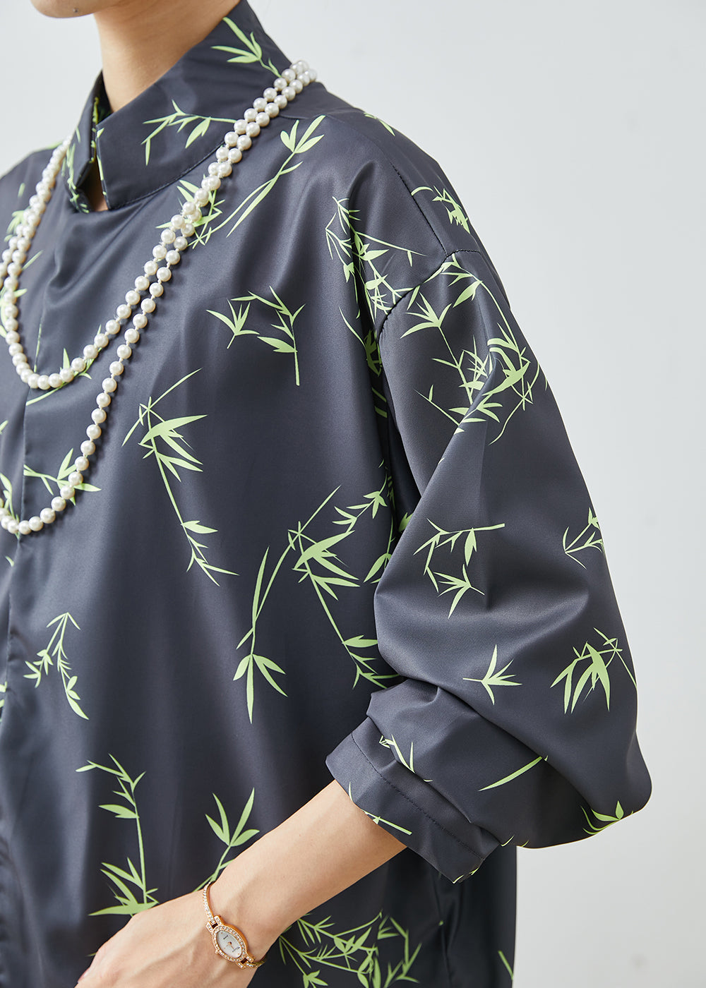 Vintage Black Oversized Bamboo Leaf Print Silk Shirt Spring