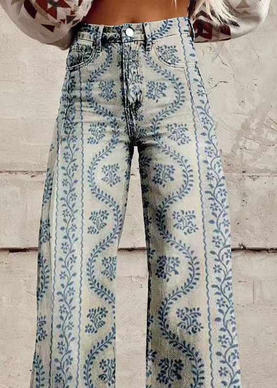Chic Blue Print Pockets Denim Wide Leg Pants Spring