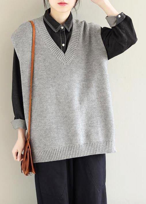 Vintage Light Gray Knitwear Plus Size Clothing V Neck Sleeveless Knit Blouse