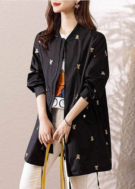 Italian Black Embroidered Drawstring Spandex Coats Fall
