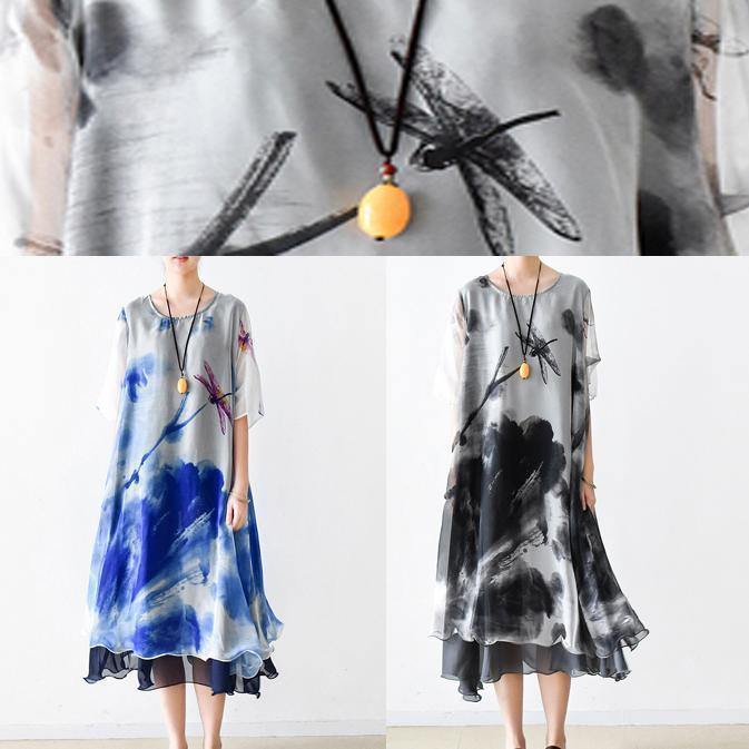 Bohemian o neck pockets chiffon Long Shirts Indian Sleeve blue print Dress Summer