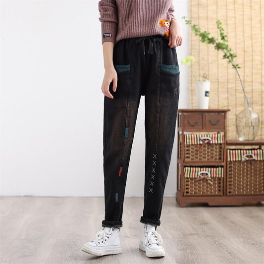 Women Winter Thicken Retro Embroidered Patchwork Elastic Jeans