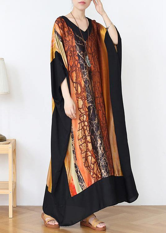 Loose Yellow Print Chiffon V Neck Over size Spring Dresses
