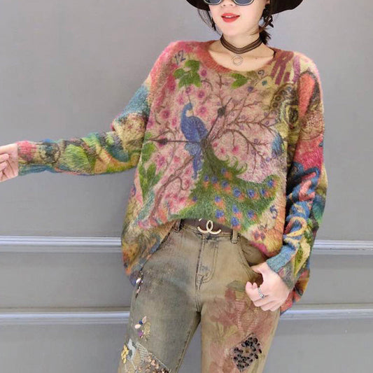 oversize vintage prints corduroy sweater thick warm long sleeve knit tops