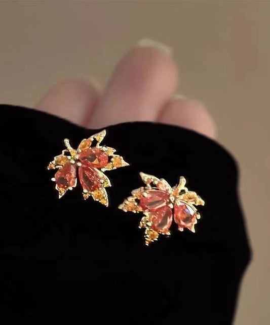 Chic Red Leaf Crystal Gilded Stud Earrings