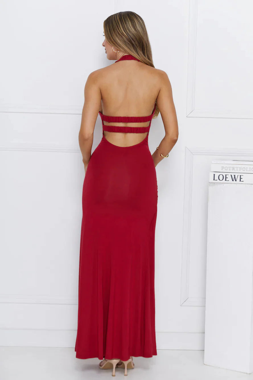 Up To Mischief Halter Maxi Dress Maroon