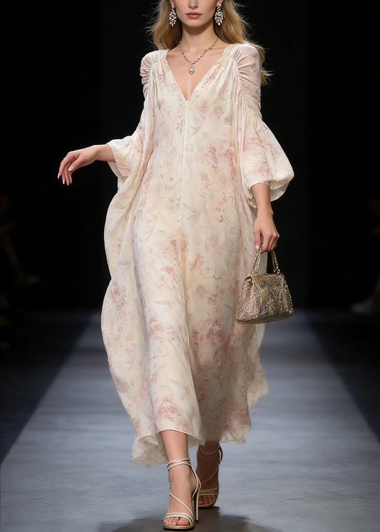 Original Design V Neck Print Wrinkled Chiffon Long Dress Spring