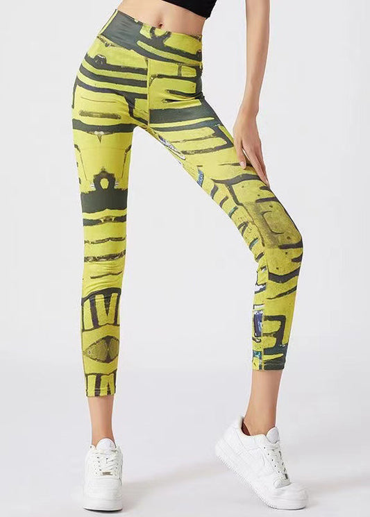 Best Yellow Print High Waist Capri Running Leggings