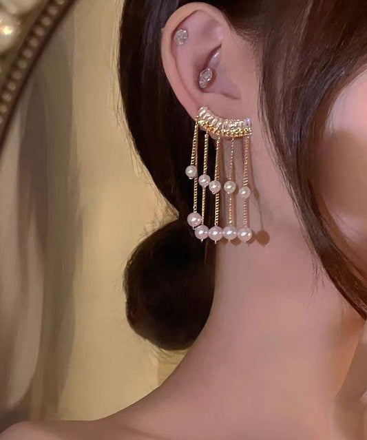 Vogue Gold Copper Alloy Zircon Pearl Tassel Drop Earrings