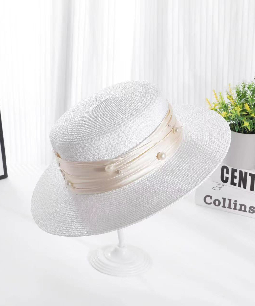 Fashion Fine Khaki Nail Bead Straw Woven Cloche Hat