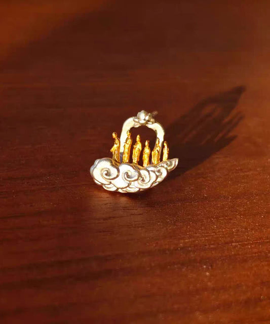 Vintage Gold Sterling Silver Overgild Auspicious Clouds Lotus Six Buddhas Stud Earrings