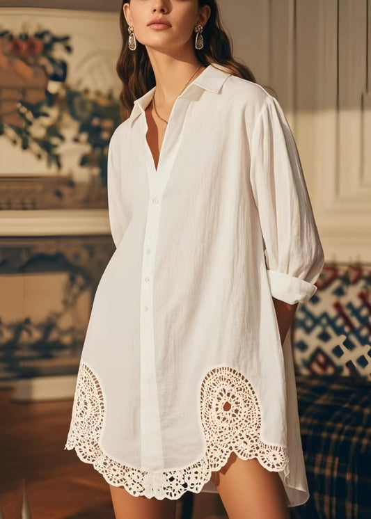 Elegant White Oversized Hollow Out Cotton Long Shirts Spring
