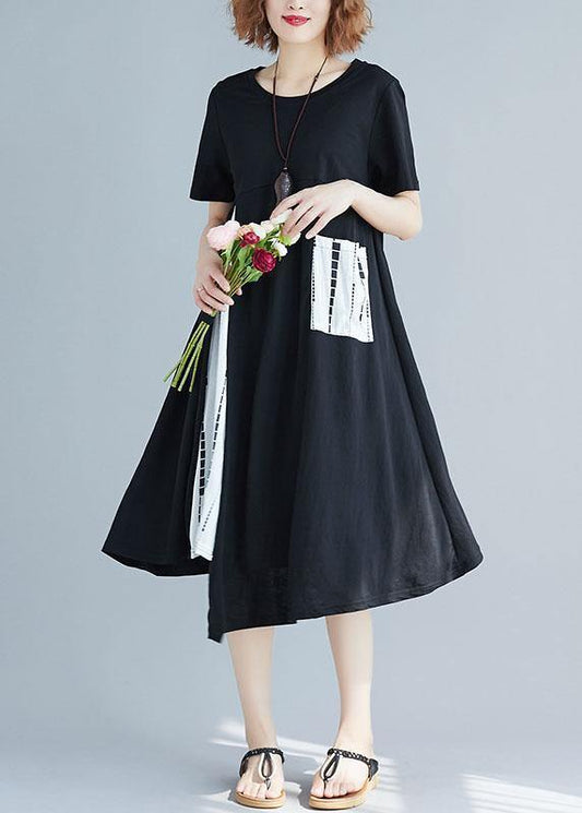Modern patchwork white prints Cotton Tunics asymmetric hem short summer Dress