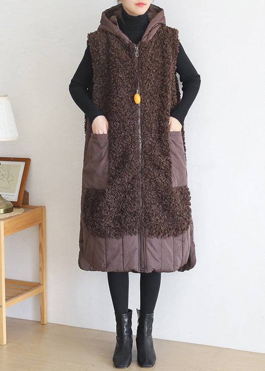 Plus Size Coffee Colour Zippered Pockets Woolen Cotton Hooded Waistcoat Sleeveless