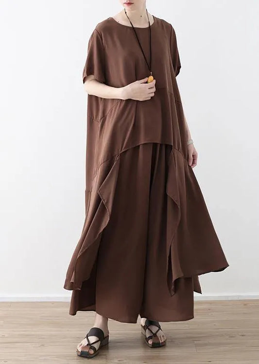 French chocolate Casual Catwalk asymmetric tops and wide leg pants loose Summer