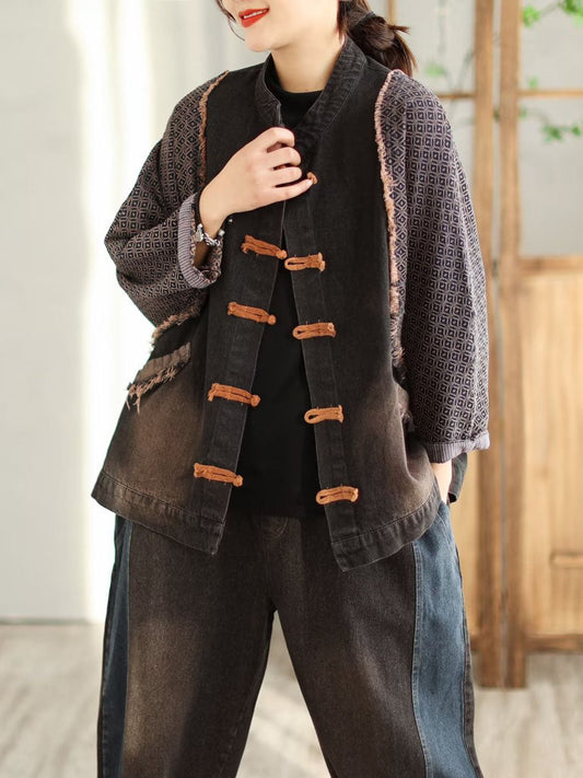 Women Spring Casual Patchwork Frog Burrs Denim Coat